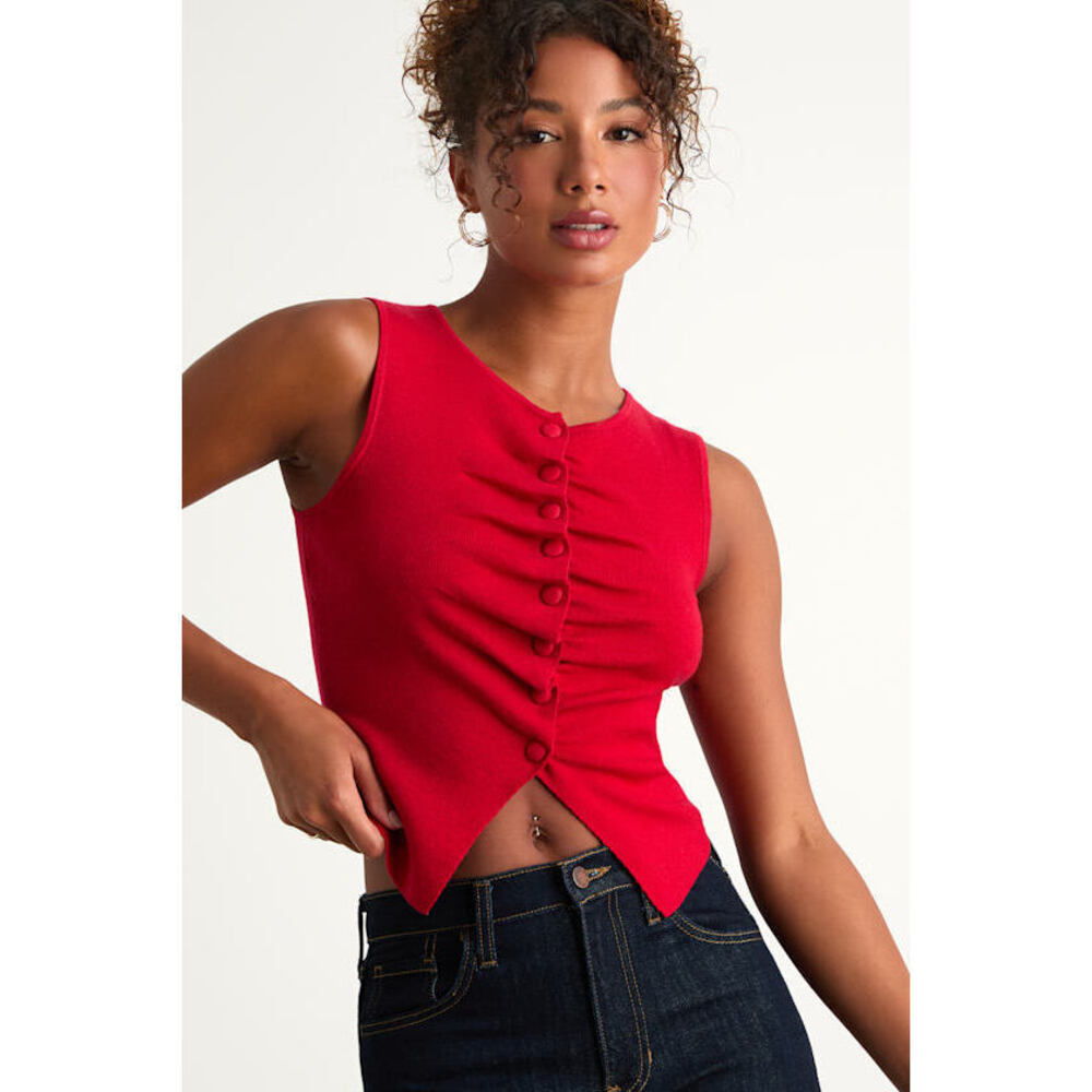 Lulus Orlane Red Button-front Sweater Tank Top - Size S